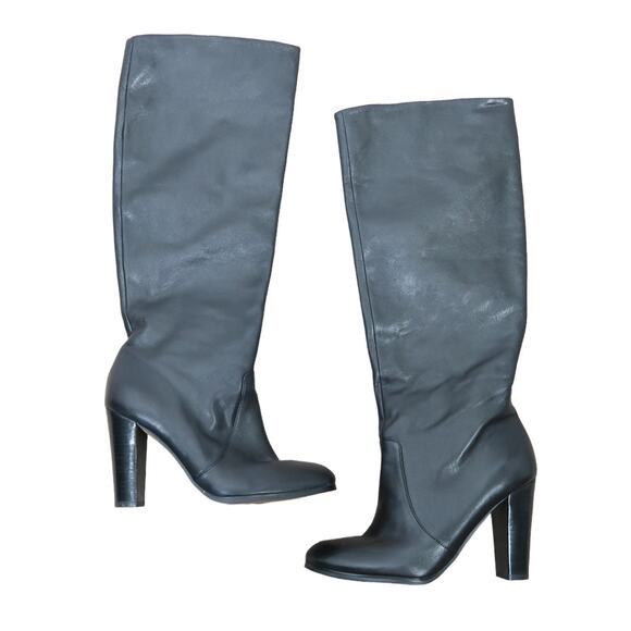 Aqua Straight Up Black Leather Knee High Heeled Boots 5.5 - Picture 1 of 9